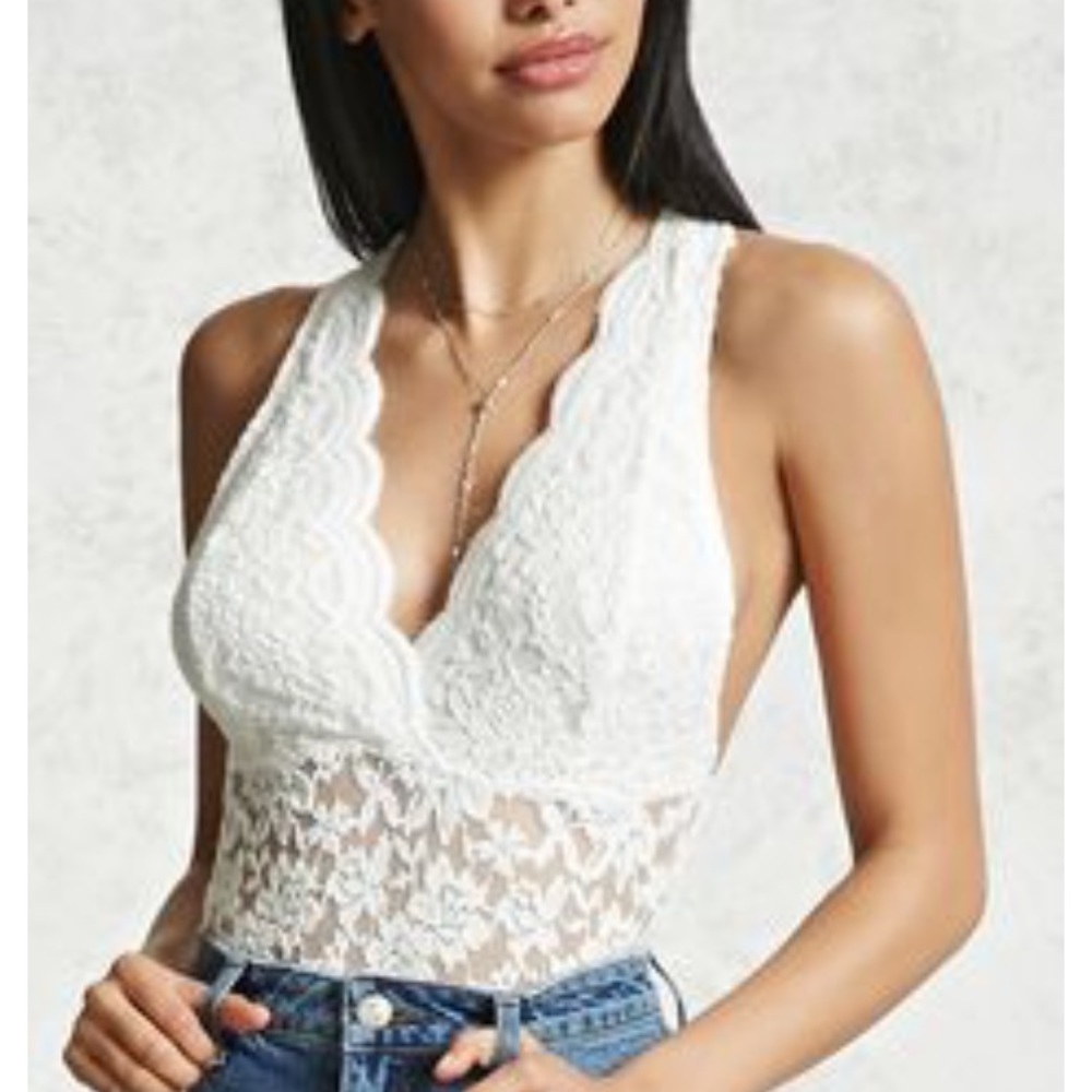 Forever 21 White Lace Bodysuit Racerback. Size Med